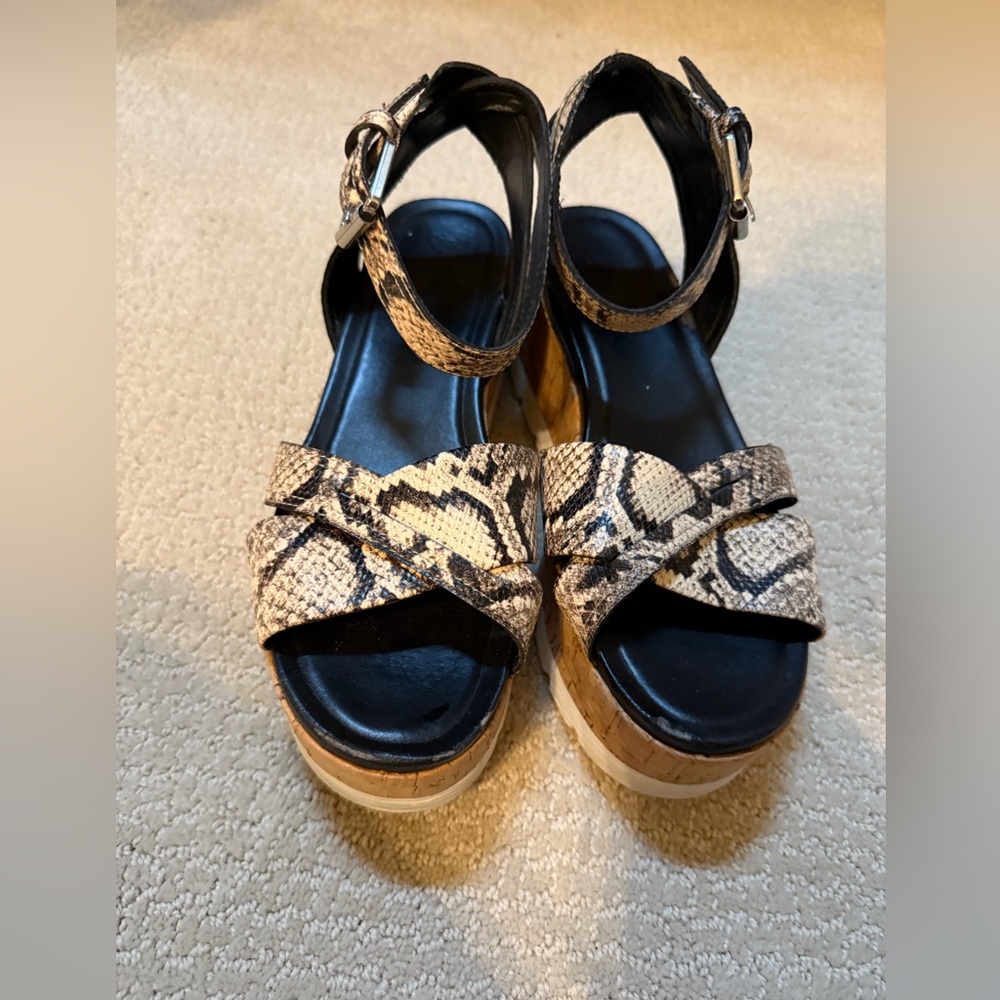 Franco Sarto Black and Tan Platform Sandals
